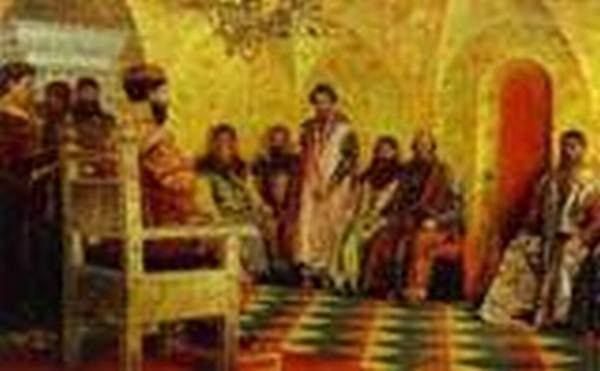 tzar mikhail fedorovich holding council with the boyars in his royal chamber 1893 XX moscow russia